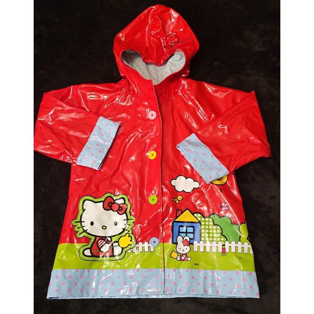 Western Chief Hello Kitty Girls Red Hooded Snap Rain Coat Polka Dot Lining 4
